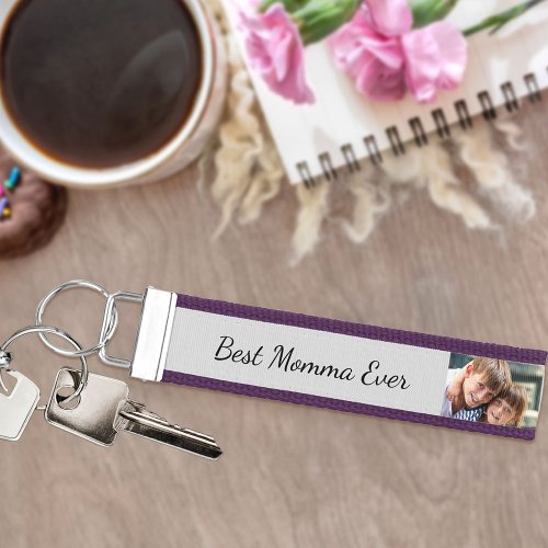 Best Momma Ever 5 Photo Modern Purple and Grey Wrist Keychain