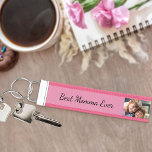 Best Momma Ever 5 Photo | Pink and Black Wrist Keychain<br><div class="desc">Wrist keychain personalized with 5 photos and lettered with "best momma ever" (editable), in neat script. The photo template is set up for you to add 5 of your favorite pictures, which are displayed in square / instagram and horizontal landscape formats. The design has black typography on a pink background....</div>