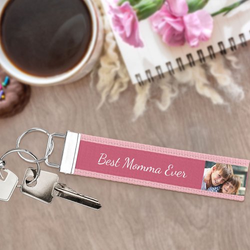 Best Momma Ever 5 Photo  Pink and White Wrist Keychain