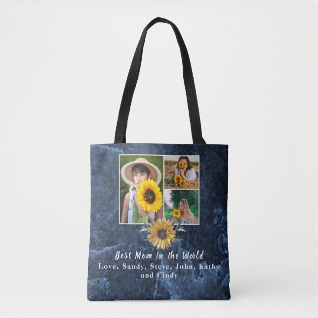 Best Mother Ever 3 Photo Collage Blue Marble Tote  (Front)