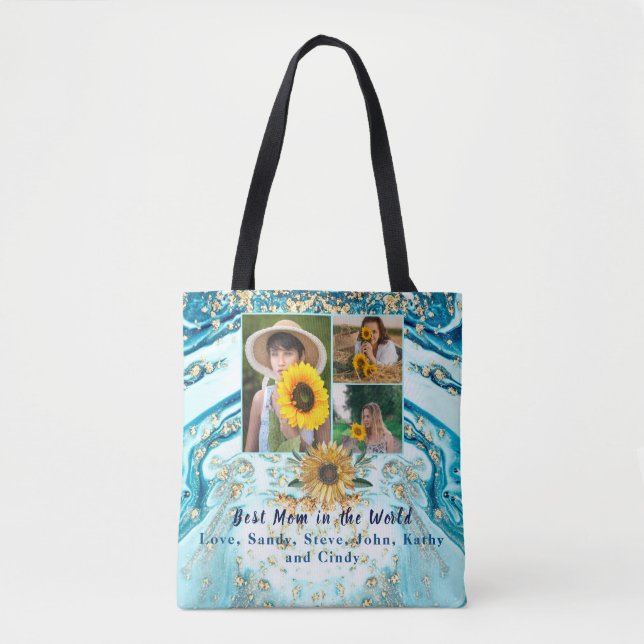 Best Mother Ever 3 Photo Collage Blue Marble Tote  Bag (Front)