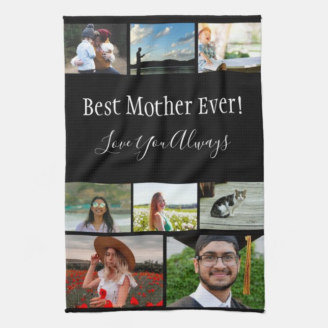 Best Mother Ever 8 Photo Collage White Script Kitchen Towel (Vertical)