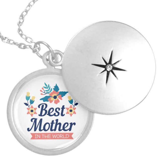 Best mother in the world, navy blue floral locket necklace (Front)