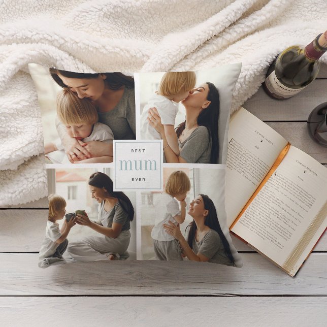 Best Mum Ever | Aqua & White Kids Photo Collage Throw Pillow (Creator Uploaded)