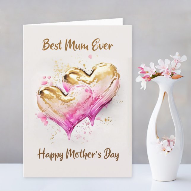 Best Mum Ever Pink Gold Hearts Mothers Day Holiday Card (Creator Uploaded)