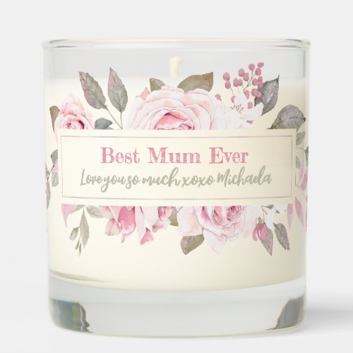 Best Mum Ever Watercolour Pink Roses Custom Text Scented Candle