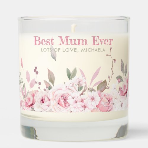 Best Mum Ever Watercolour Pink Roses Custom Text Scented Candle