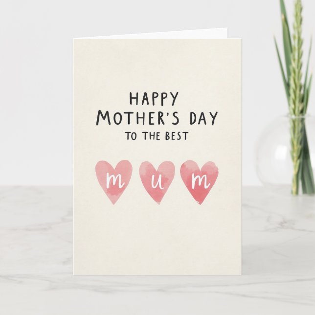 Best Mum Watercolor Hearts Card (Front)