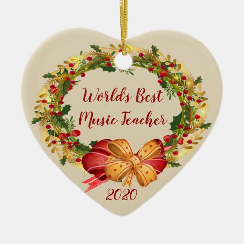 Best Music Teacher Antique Wreath Christmas Ceramic Ornament