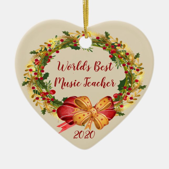 Best Music Teacher Antique Wreath Christmas Ceramic Ornament (Front)
