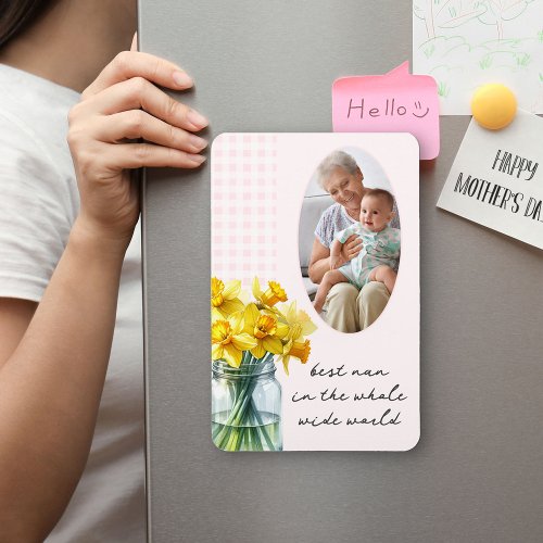 Best Nan Vertical Photo Pink Gingham and Daffodils Magnet