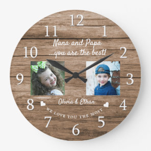 Best Nana And Papa Grandkids 2 Photo Collage Wood Large Clock