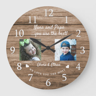 Best Nana And Papa Grandkids 2 Photo Collage Wood Large Clock