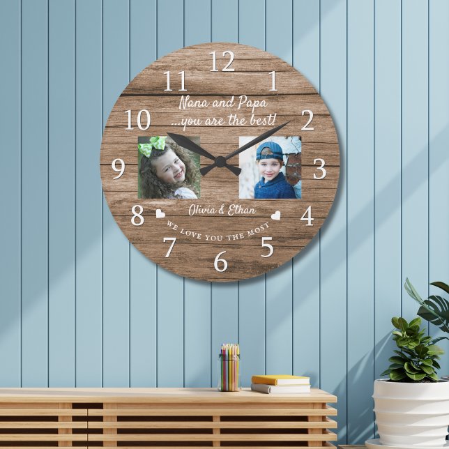 Best Nana And Papa Grandkids 2 Photo Collage Wood Large Clock (Best Nana And Papa Grandkids 2 Photo Collage Wood Large Clock)