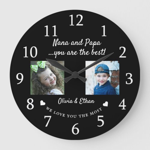 Best Nana And Papa Grandkids Photo Collage Black Large Clock