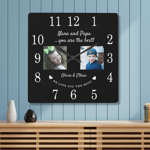 Best Nana And Papa Grandkids Photo Collage Black Square Wall Clock
