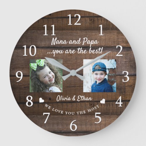 Best Nana And Papa Grandkids Photo Collage Wood Large Clock