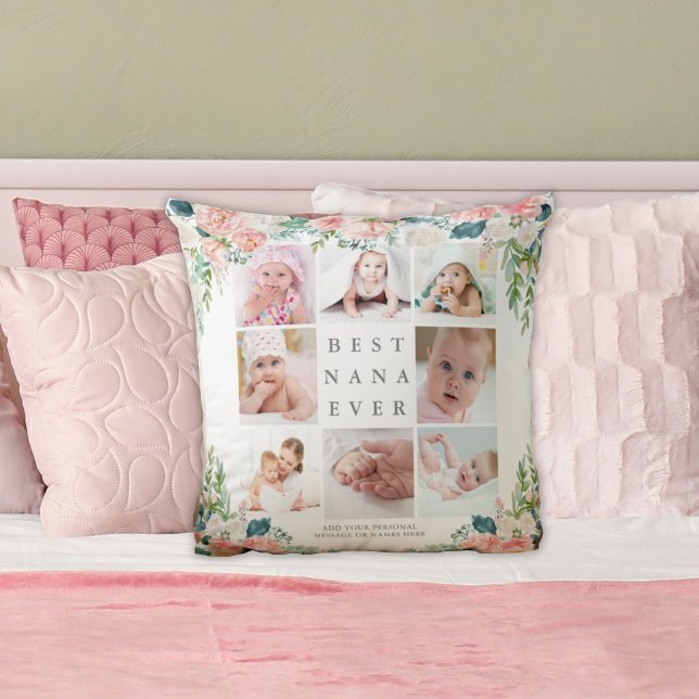 BEST NANA EVER 8 Photo Collage Pink Floral Custom Throw Pillow (Creator Uploaded)