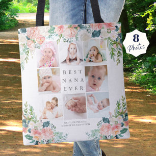 BEST NANA EVER 8 Photo Collage Pink Floral Custom Tote Bag