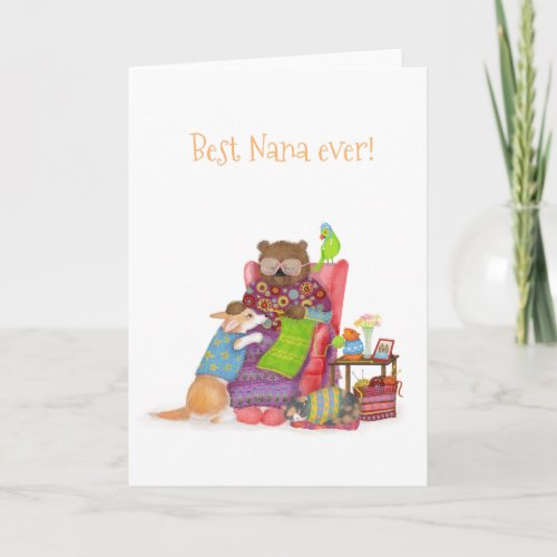 Best Nana ever card with cute bear and corgi
