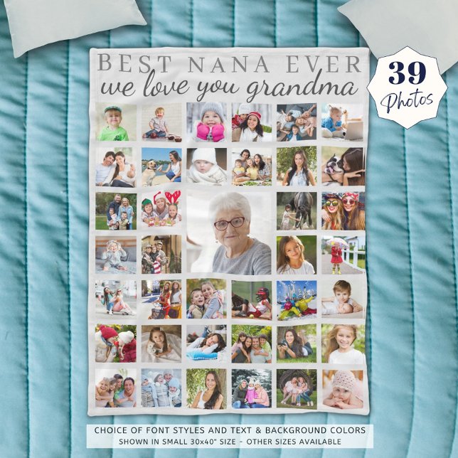 BEST NANA EVER Grandma Photo Collage Gray Fleece Blanket (Creator Uploaded)