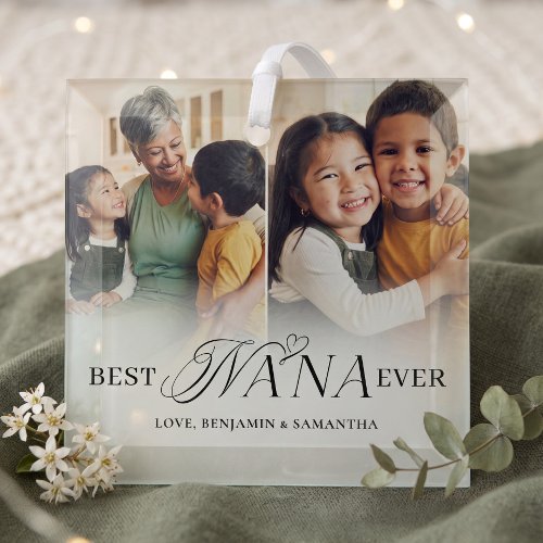 Best Nana Ever Personalized 2 Photo Collage Gift Glass Ornament