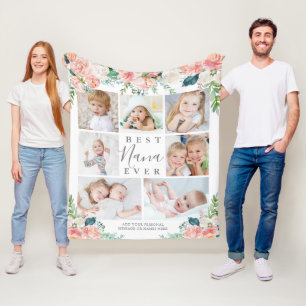 BEST NANA EVER Pink Floral 7 Photo Personalized Fleece Blanket