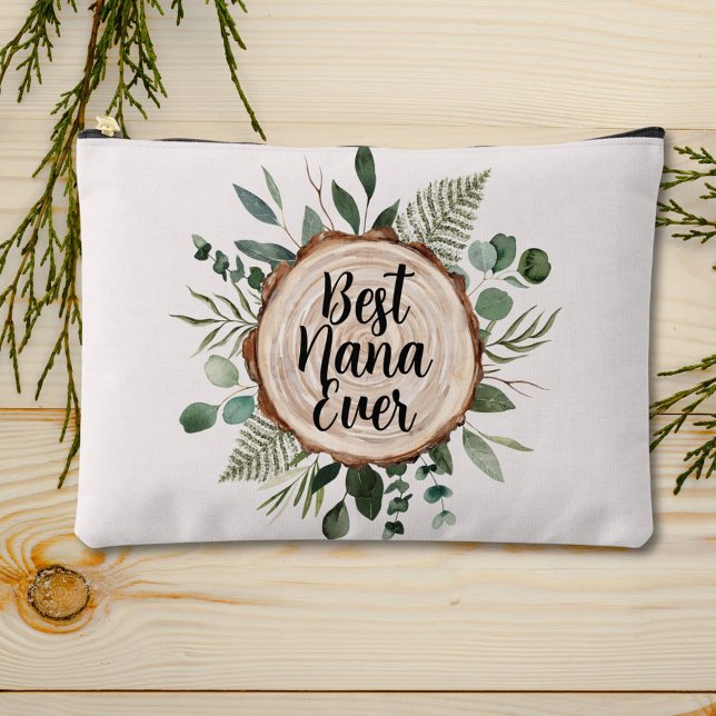 Best Nana Ever Rustic Wood and Foliage Accessory Pouch (In situ, on table)