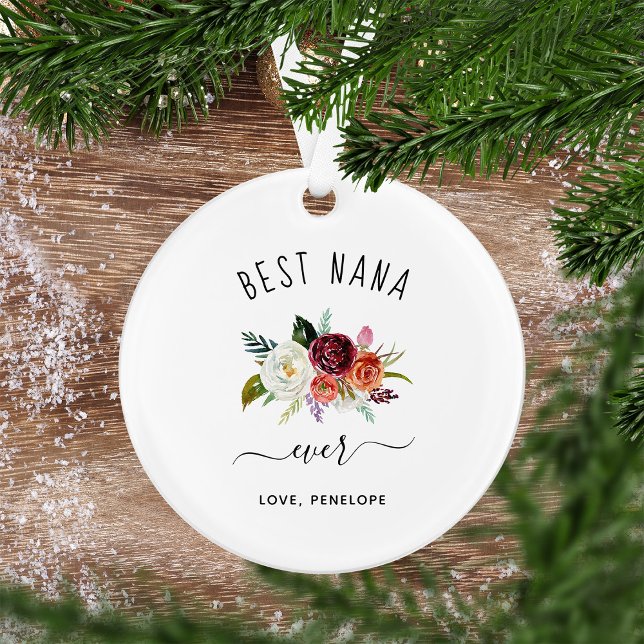 Best Nana Ever | Trendy Burgundy Boho Floral Photo Ornament (A sweet and simple keepsake for your nana, this Christmas ornament features your favorite photo)