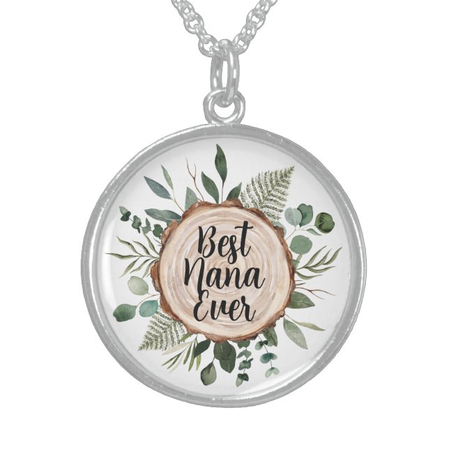 Best Nana Grandma Ever Rustic Wood and Foliage Sterling Silver Necklace (Front)