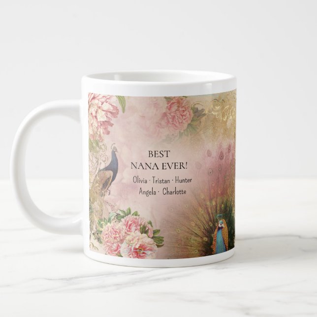 Best Nana Pink Floral Peacock Children Mothers Day Giant Coffee Mug (Left)