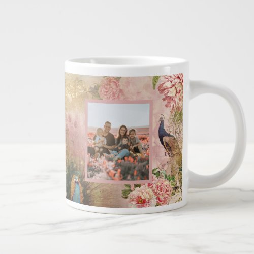 Best Nana Pink Floral Peacock Photo Mothers Day Giant Coffee Mug