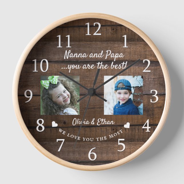 Best Nanna And Papa Grandkids Photo Collage Wood Clock (Front)