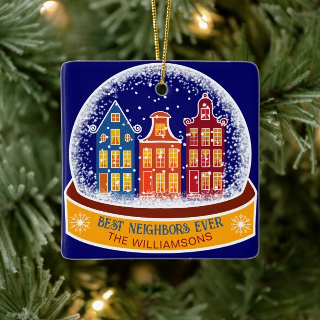 Best Neighbors Ever Houses Snowglobe Christmas Ceramic Ornament (Tree)