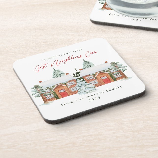 Best Neighbors Ever Illustrated Homes Christmas Beverage Coaster (Left Side)