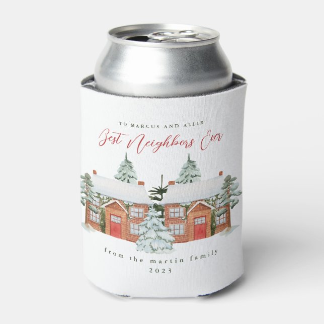 Best Neighbors Ever Illustrated Homes Christmas Can Cooler (Can Front)