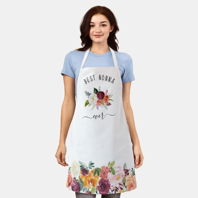 Best Nonna Ever | Trendy Burgundy Boho Floral Apron (Worn)