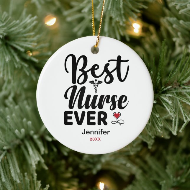 Best Nurse Ever Caduceus Heart Personalized Ceramic Ornament (Tree)