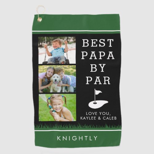 BEST PAPA BY PAR 3 Photo Collage Personalized Golf Towel - Personalized photo golf towel with 3 pictures for the golfer grandfather or dad called PAPA with the suggested editable funny golf saying BEST PAPA BY PAR (or change to your custom text) in an editable black, green and white color scheme. Add a name, monogram or a special message at the bottom. Makes a great gift for a golfer's birthday, Father's Day, Grandparents Day or a holiday. ASSISTANCE:  For help with design modification or personalization, color change or transferring the design to another product, contact the designer BEFORE ORDERING via the Zazzle Chat MESSAGE tab below or email makeitaboutyoustore@gmail.com.