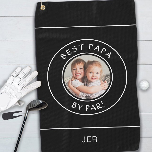 Best Papa By Par Golfer Modern Custom Photo Black Golf Towel (Creator Uploaded)