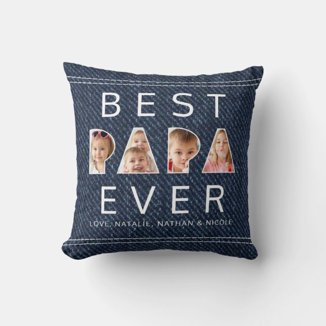 BEST PAPA EVER 3 Photo Collage Faux Denim Throw Pillow (Front)