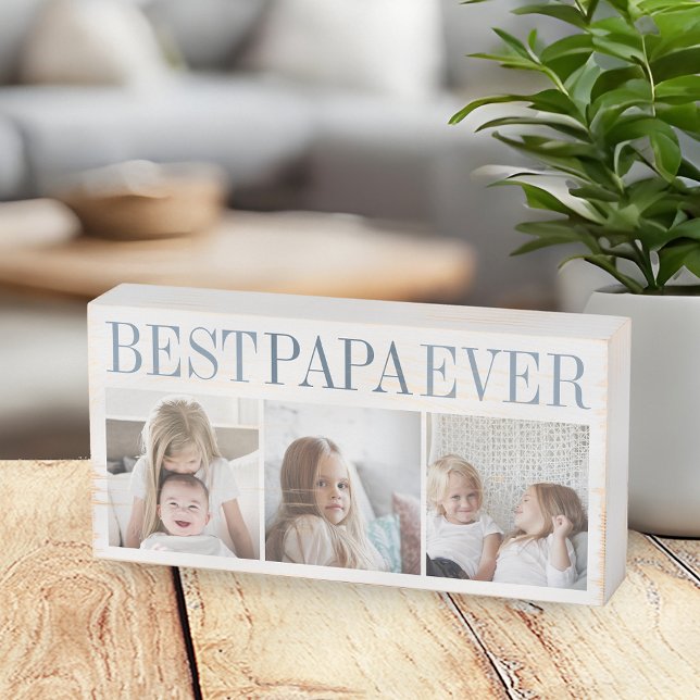 Best Papa Ever 3 Photo Collage Grandpa Wooden Box Sign (Creator Uploaded)