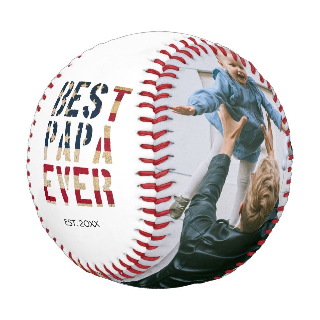 Best Papa Ever American Flag 2 Photo Personalized Baseball (Angled)