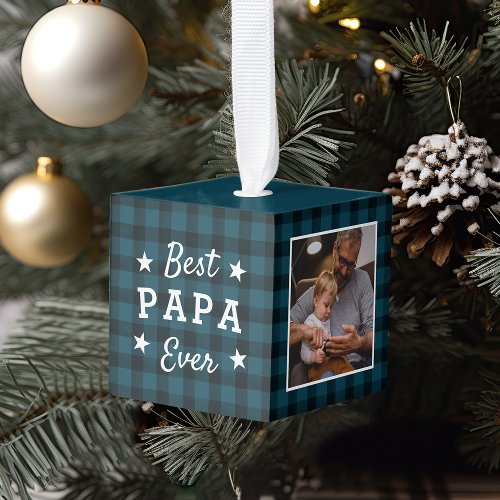Best Papa Ever  Holiday Plaid Photo Cube Ornament