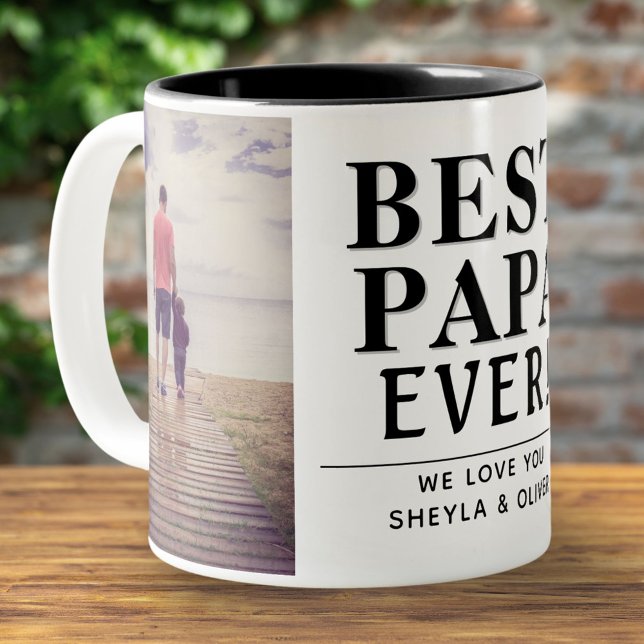 Best Papa Ever Modern Father`s Day 2 Photo Collage Two-Tone Coffee Mug (Creator Uploaded)