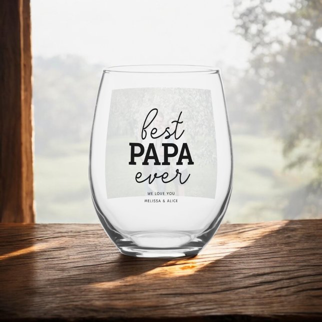 Best Papa Ever Photo Stemless Wine Glass (Creator Uploaded)