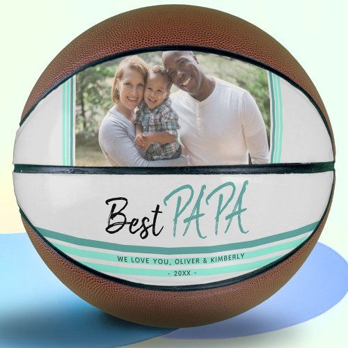 Best Papa Turquoise Modern Typography Family Photo Basketball