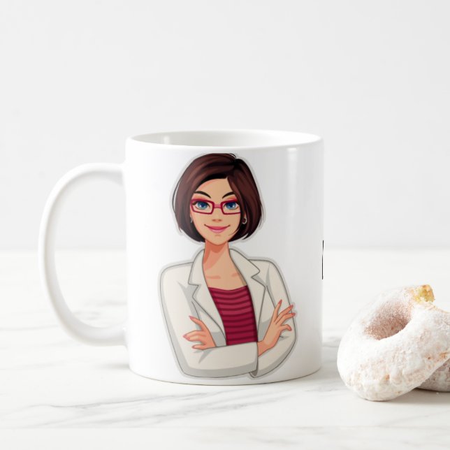 Best Personalized Cute Doctor, Brunette Female Coffee Mug (With Donut)