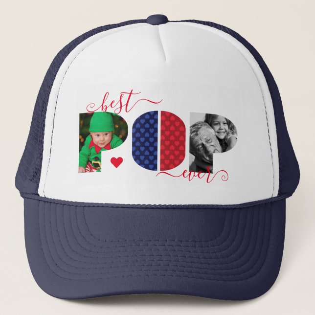 Best POP Ever Photo Collage Heart Navy Blue & Red Trucker Hat (Front)