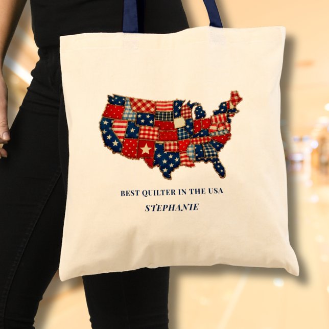 Best Quilter in the USA Personalized Patchwork Tote Bag (Add name to personalize, edit other text, if you wish.)